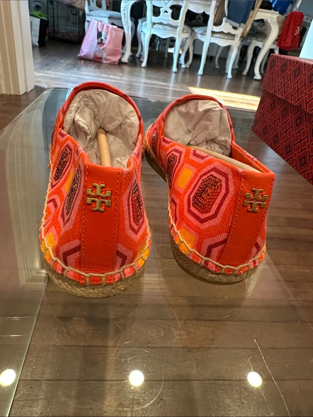 Tory Burch Cecily Embellished Orange & Hot Pink Geometric Sequin Espadrilles